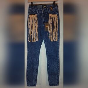 L&B High Rise Skinny Jeans with Fringe - Dark Blue and Tan. Size 6